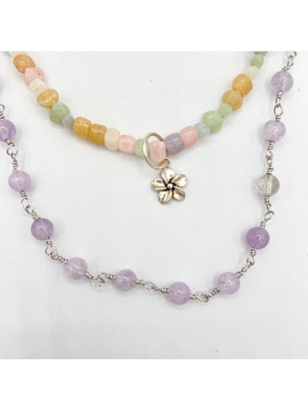 Lavender jade rosary chain and moonstone necklace